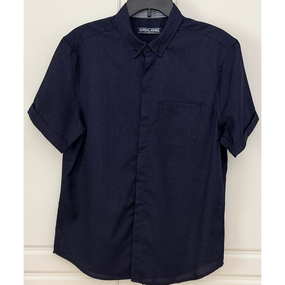 PJ Paul Jones Navy Blue Button-Up Short Sleeve Shirt Hidden Buttons Size M  NWOT